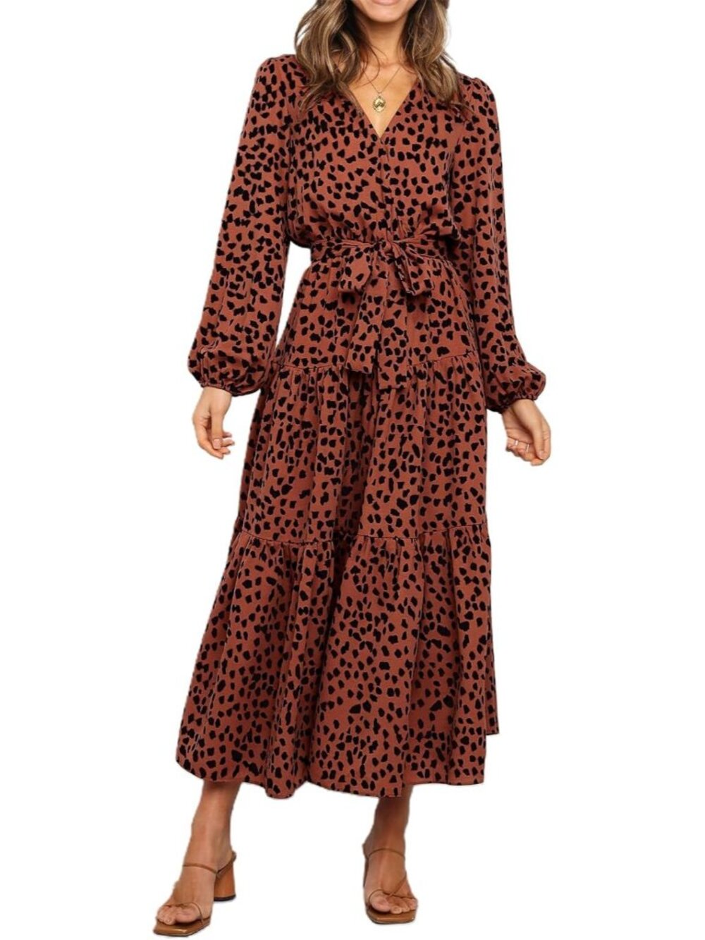 Women's Brown Red Long Sleeve Casual Boho Floral Wrap Wedding Guest Maxi Dress
